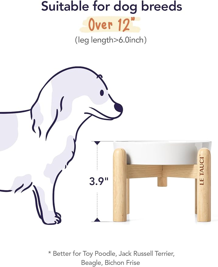 LE TAUCI Ceramic Slow Feeder Dog Bowls Elevated, 0.6 Cups Raised Dog Bowl with Wooden Stand for Small Breed, Dog Dishes to Slow Down Eating, Puzzle Dog Food Bowl, Angel White