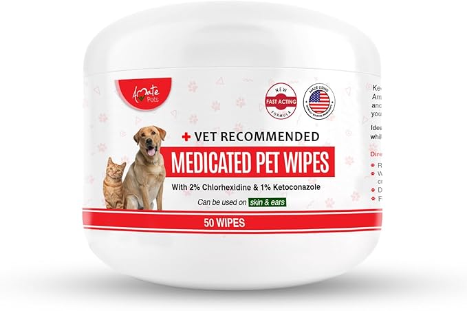 Amate Medicated Dog Wipes for Ear Skin & Coat - Pet Wipes for Dogs & Cats - 2.5” Small Wipes - Relieve Skin Issues, Hot Spots & Irritation - Pack of 50
