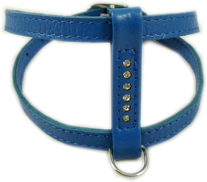 Genuine Leather Dog Harness for Toy Breeds X-Small. 10"-13" Chest Circumference Rhinestones (Blue)