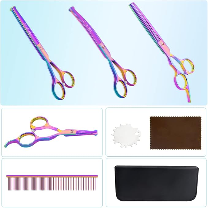 LILYS PET Safe Round-Tip Professional PET DOG Grooming Coated Titanium scissors suit Cutting&Curved&Thinning shears Set (Rainbow)