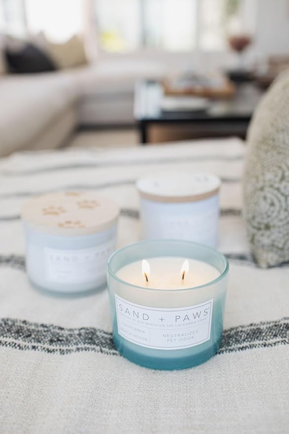 Sand + Paws Scented Candle - California Beach House –Luxurious Air Freshening Jar Candle Neutralize pet Odors and Enhance Home décor – 100% Cotton Lead-Free wicks-12oz