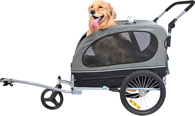 VEVOR Dog Bike Trailer, Supports up to 88 lbs, 2-in-1 Pet Stroller Cart Bicycle Carrier, Easy Folding Cart Frame with Quick Release Wheels, Universal Bicycle Coupler, Reflectors, Flag, Black/Gray