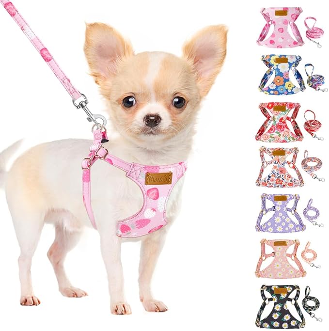 SlowTon No Pull Dog Harness with Leash - Soft Lightweight Floral Pattern Puppy Harness, Adjustable Pet Harness for Small Medium Dogs (Strawberry XXS)