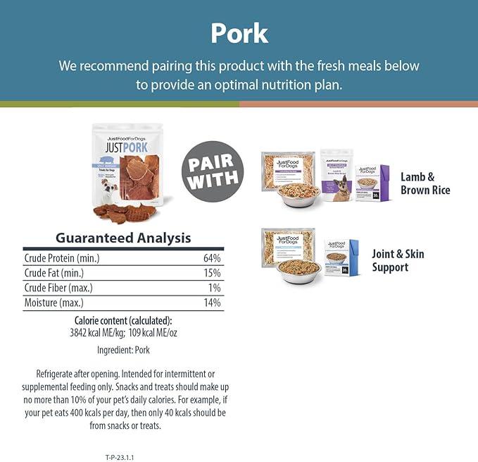 JustFoodForDogs Healthy Dog Treats, Pork, Single-Ingredient, Made in The USA, 5 oz