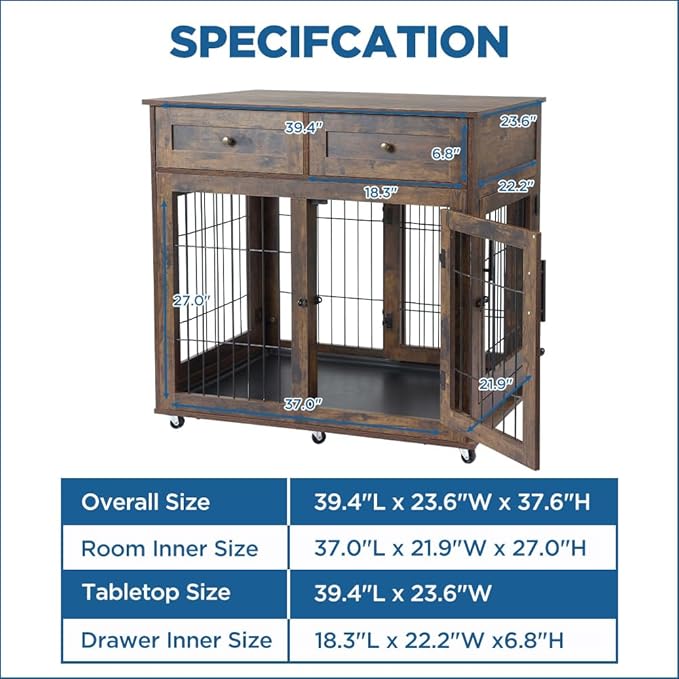 Dog Crate Furniture with 2 Drawers, Wooden Dog Kennel with Divider and Removable Tray, Double Rooms Dog Cage for 2 Dogs, Wooden Dog Crate End Table