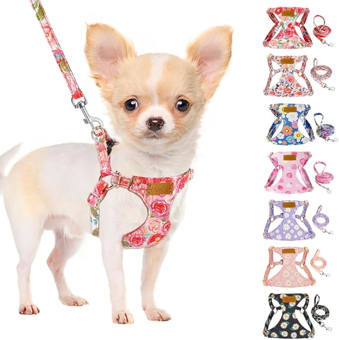 SlowTon No Pull Dog Harness with Leash - Soft Lightweight Floral Pattern Puppy Harness, Adjustable Pet Harness for Small Medium Dogs (Pink Rose M)