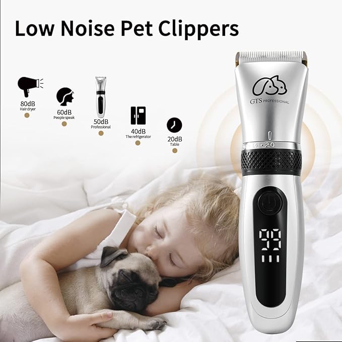 GTS Pet Clippers Professional Dog Grooming kit Adjustable Low Noise High Power Rechargeable Cordless Pet Grooming Tools, Hair Trimmers for Dogs and Cats, Washable(IPX5, with LED Display.