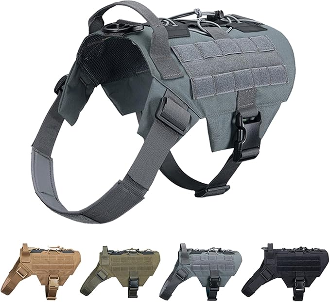 EXCELLENT ELITE SPANKER Dog Harness Tactical Military Dog Harness Adjustable No-Pull Dog Harness Training Hunting Dog Tactical Vest with Handle(Gry-M)