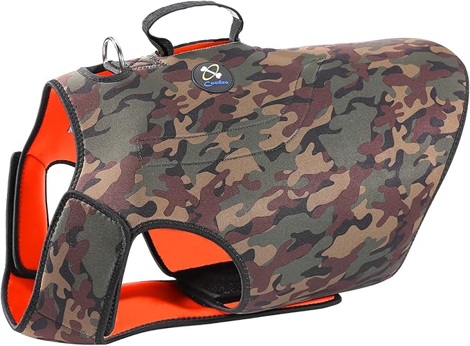 Coodeo Dog Hunting Vest Orange, Camo and Reversible Reflective Dog Tactical Harness Hound Jacket for Protection and Security, 4.5mm Neoprene Waterproof Safety Dog Vest Both Sides to Wear (Medium)