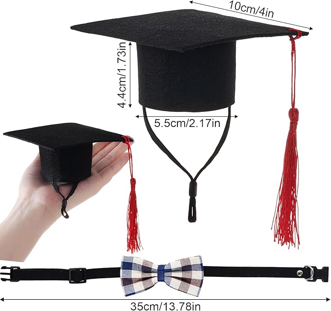 Pet Graduation Cap with Bowtie Collar Set, Small Dogs Cats Graduation Outfits Party Dress Costume Accessory (Gray)