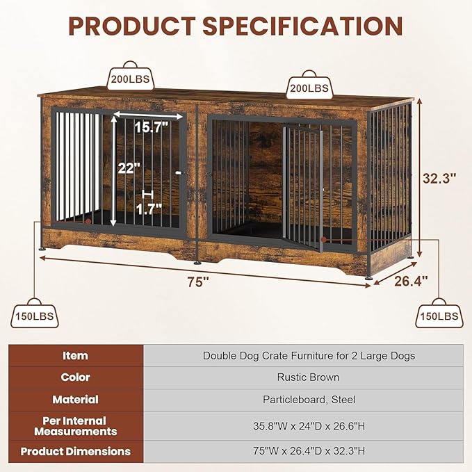 75 Inch Double Dog Crate Furniture, 3 in 1 Dog Cage for Large Dogs, Durable Brown TV Stand Dog Crate with Trays and Divider, Double Dog Kennel for 2 Dogs