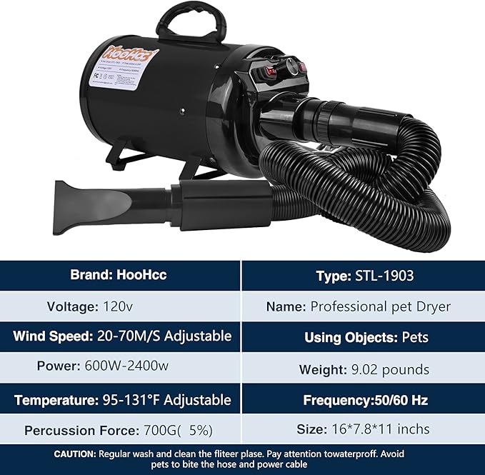 Dog Dryer, High Velocity Dog Hair Dryer, Dog Blow Dryer - Groomer Partner Pet Blower Grooming Force Dryer with Heater, Stepless Adjustable Speed, 4 Different Nozzles, Comb & Pet Grooming Glove (Black)