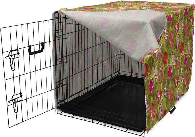 Ambesonne Diamond Dog Crate Cover, Rhythmic Heart Shaped Drop Formed Print Polygonal Gemstone Backdrop, Easy to Use Pet Kennel Cover for Cats & Medium Dogs, 24 Inch, Yellow Green Multicolor