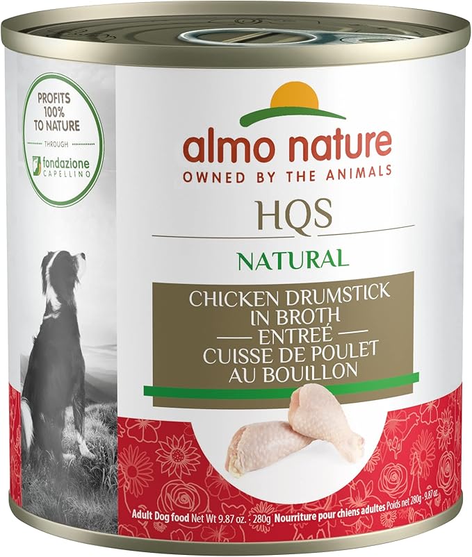 almo nature HQS Natural Chicken Drumstick Entree in broth, Gluten Free, Additive Free, Adult Dog Canned Wet Food, Shredded 12 x 280g/9.87 oz