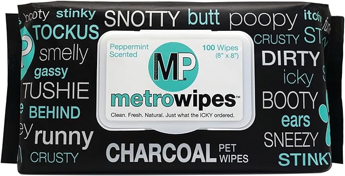 MetroPaws Peppermint Scented Charcoal Dog Wipes, 100 Extra Large & Thick Cleaning Wipes Ideal for Cats and Dogs, for Paws, Butt, Ears and Eyes
