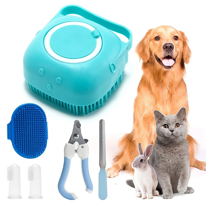 6Pcs Silicone Pet Grooming Set: Bath Massage Dispenser Brush, Finger Toothbrush, Nail Clippers and File for Dogs and Cats