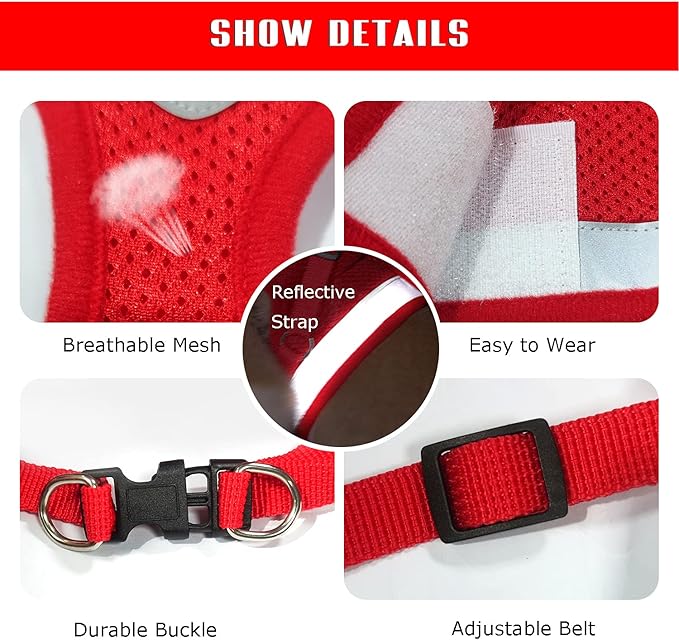 FEimaX Dog Harness and Leash Set for Walking, Soft Mesh Adjustable Easy Control Lightweight Cat Vest Harnesses with Reflective Strips, Escape Proof Small Dogs Cats Vests (Red, X-Small)