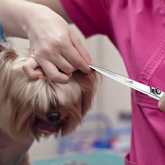 Laazar Professional 7.5 inch Straight Shears for Dogs and Cats Leather case Included | Adjustable Pet Grooming Scissors | Hand-Forged 440C Japanese Stainless Steel | Groomers Tool for Men and Woman