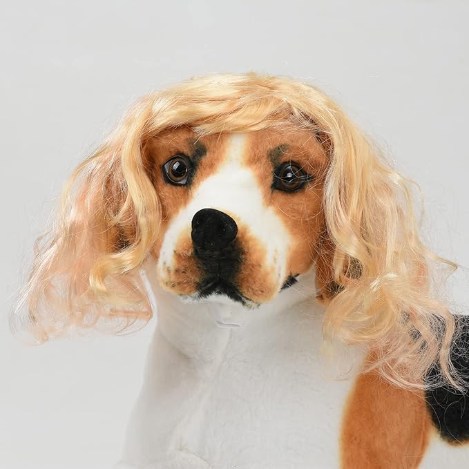 Funny Dog Cat Cosplay Wig for Halloween, Christmas, Parties, Festivals - Pet Wigs for Small, Medium and Large Dogs (Long Blonde Curly Hair)
