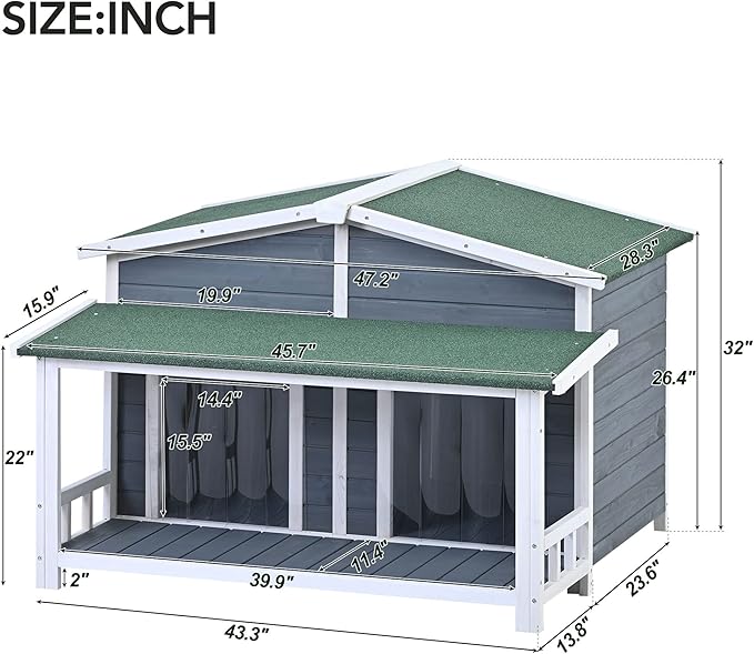 Merax 47" Outdoor Wooden Dog House with Porch, Asphalt Roof, 2" Height Raised Feet and Two Plastic Door Curtains, Brown