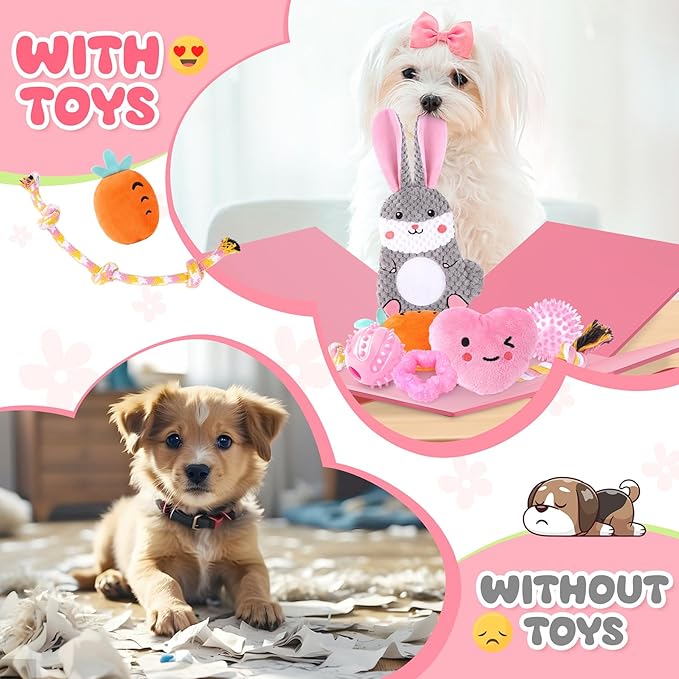 Zeaxuie Pink Puppy Toys for Teething, 9 Pack Small Dog Toys with Cute Puppy Chew Toys, Squeaky Crinkle Dog Toys, Treat Ball and Interactive Rope Toys