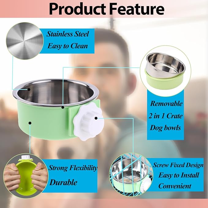 2 Pieces Crate Dog Bowl, Removable Stainless Steel Pet Kennel Hanging Food Water Feeder Bowl Cage Coop Cup for Puppy Medium Dog Cat Rabbit Ferret Bird (Blue,Red)