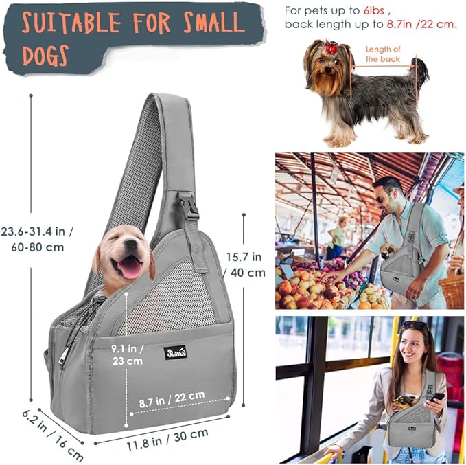 Lukovee Dog Slings for Small Dogs, Hard Bottom Support & Adjustable Soft Padded Shoudler Strap Dog Sling Carrier, Dog Purse with Button Closure & Zipper Pockets (for Pets up to 6 lbs, Grey)