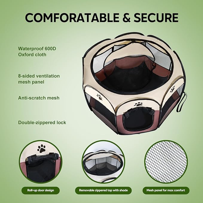 Pet Puppy Dog Playpen Portable, 27” Foldable Crate for Small Dog and Cat,Dog Kennel with Carry Bag, Pop Up Dog Playpen((Brown)