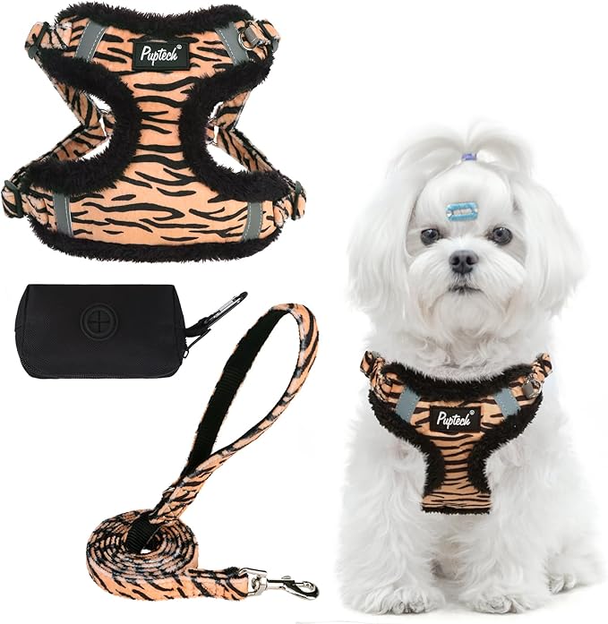 PUPTECK No Pull Dog Harness and Leash Set Reflective No Choke Step in Puppy Halter for XS Small and Medium Sized Dogs, Brown Tiger Print, Plush, S