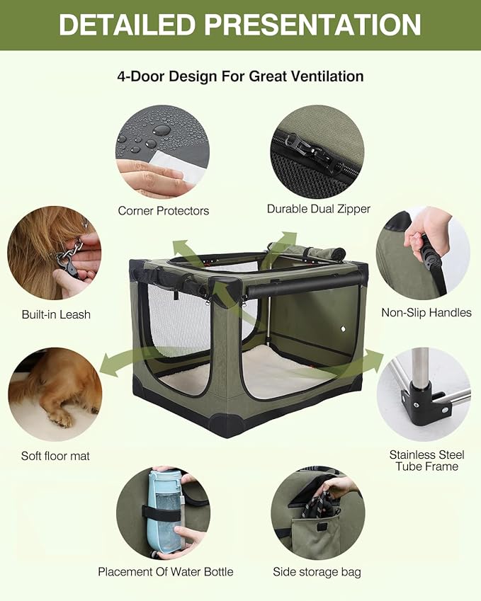 42-Inch Collapsible Travel Dog Crate, Portable 4-Door Soft Kennel for Medium to Large Dogs, Chew-Proof Mesh Windows, Indoor/Outdoor Use, Foldable, with Storage Bag (Green)