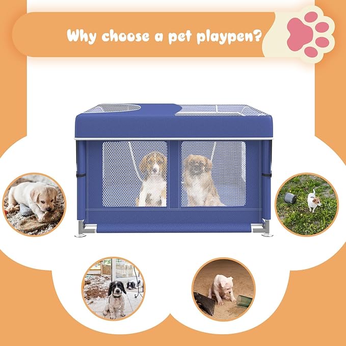 Dog Playpen 42 × 42 Inch, Puppy PlayPen with Gate for Puppies, Cat, Small and Medium Dogs, Pet PlayPen with Roof for Outdoors & Indoors, Thickened Fabric, Safe & Sturdy Dog Fence