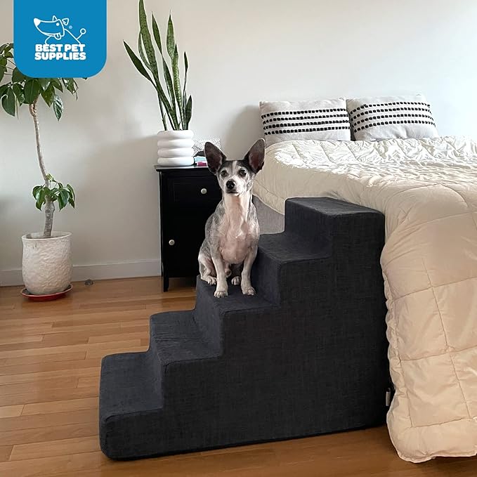 Best Pet Supplies Dog Stairs for Small Dogs & Cats, Foam Pet Steps Portable Ramp for Couch Sofa and High Bed Non-Slip Balanced Indoor Step Support, Paw Safe No Assembly - Dark Gray Linen, 5-Step
