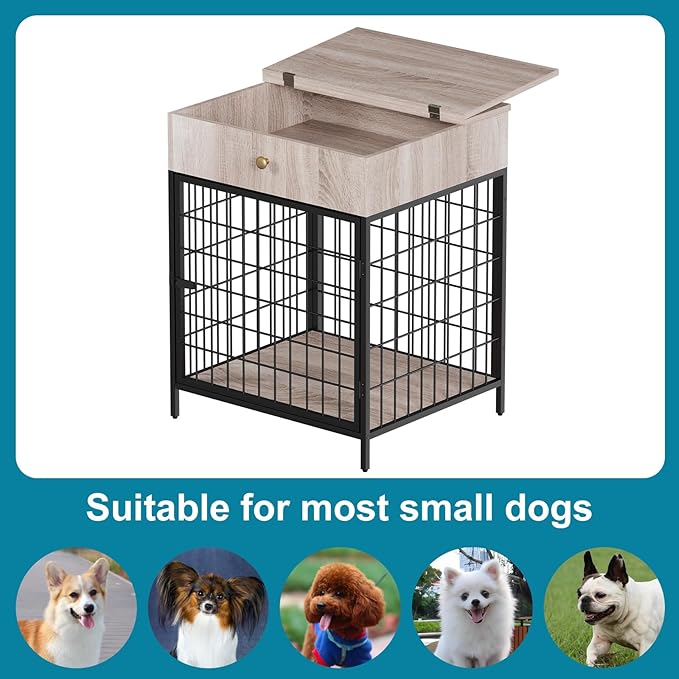 Decorative Grey Steel-Tube Dog Kennel Table with Drawer, Chew-Proof Indoor Pet Crate End Table for Small Dogs