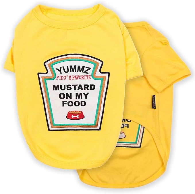 Parisian Pet Dog Shirt - Embroidered ?œMustard on My Food??- 100% Cotton and Polyester Dog Clothes - Sleeved, Lightweight Costume for Dogs - Yellow Dog Shirts for Small Dogs - Pet Costumes - S