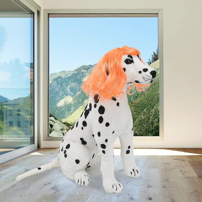 Funny Orange Long Curly Dog Wig, Cat Cosplay Wig, Pet Wigs for Halloween, Christmas, Parties, Festivals, Dog Wigs for Small Medium and Large Dogs