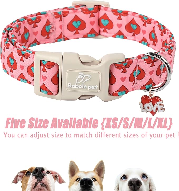 Valentine's Day Dog Collar - Cute Pink Valentines Dog Collar Girl Boy Durable Adjustable Spade Heart Pattern Charm Dog Collars for Small Medium Large Dogs L
