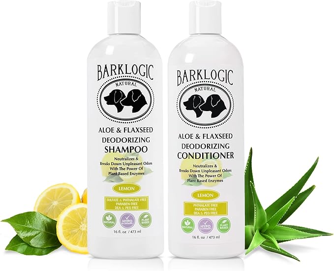 Deodorizing Aloe and Flaxseed Shampoo and Conditioner 2 Piece Grooming Kit- 16 oz, Lemon – with Naturally Derived Essential Oil and Plant Enzymes, Safe and Easy Odor Control, Vegan
