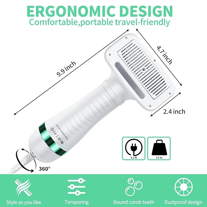 Pet hair dryer | Portable silent 2-in-1 pet beauty hair dryer with replaceable self-cleaning brush | Adjustable temperature | Suitable for small and medium-sized cats and dogs
