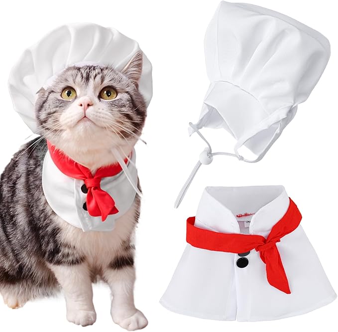 Pet Chef Hat - White Pet Hat Chef Appearance Clothing, Adjustable Cooking Cap and Cloak Set