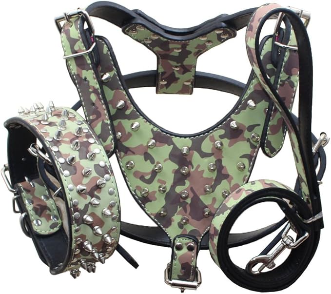 Leather Spiked Studded Harnesses, Collars & Leashes 3Pcs Matching Set for Medium & Large Dogs Pitbull,Mastiff, Boxer, Bull Terrier (Camo, M)