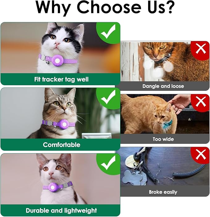 Cat Tracker, Waterproof Pet Tracker for Cats, Cat Tracker Collar with Safety Elastic Buckle, Works with Any Collar,Compatible with Apple Find My App (Only iOS) not for Android, No Monthly Fee, Purple