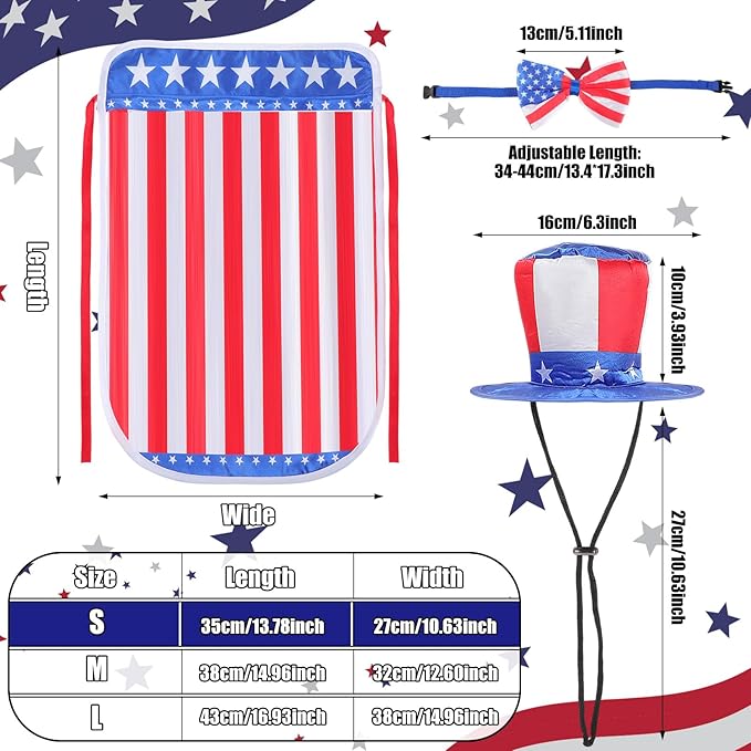 JaGely 3 Pcs Dog 4th of July Outfit Independence Day Costume Set Includes Dog Top Hat, American Flag Bow Tie Collar and American Flag Cape Pet Clothes for Dogs Puppy Cats Kitten(S)