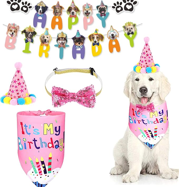 Girl Dog Puppy Theme Decorations With Dog Birthday Hat,Bow Tie,Bandana,Banner (Pink 4 Pack, Small, Medium, Large)