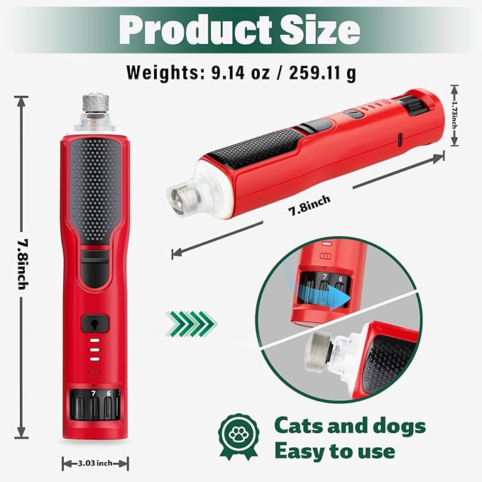 7-Speed Dog Nail Grinder & Dog Nail Trimmers for Large Medium Small Dogs Cats Pets Claw Trimmer Quick Sensor and Safety Guard Type-C Rechargeable with 360° LED Lights Pet Nail Trimmer