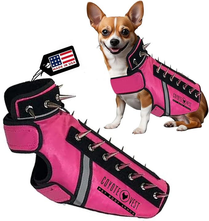 CoyoteVest SpikeVest Dog Harness Vest for Small Dogs, Reflective Dog Vest with Spikes to Shield Your pet from Coyotes, Raptor and Animal Attacks, Anti Hawk Vest, Made in USA (XXS-Pink)