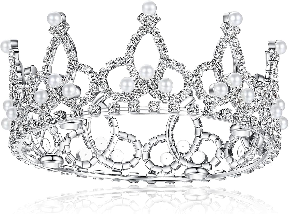 Lovelyshop Pet Series Silver Plated Royal Rhinestone Pearl Full Round Dog/Cat Crown for Rolyal Family Costume Hair Accessories-Medium Size