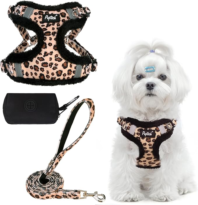 PUPTECK No Pull Dog Harness and Leash Set Reflective No Choke Step in Puppy Halter for XS Small and Medium Sized Dogs, Brown Leopard Print, Plush, XS