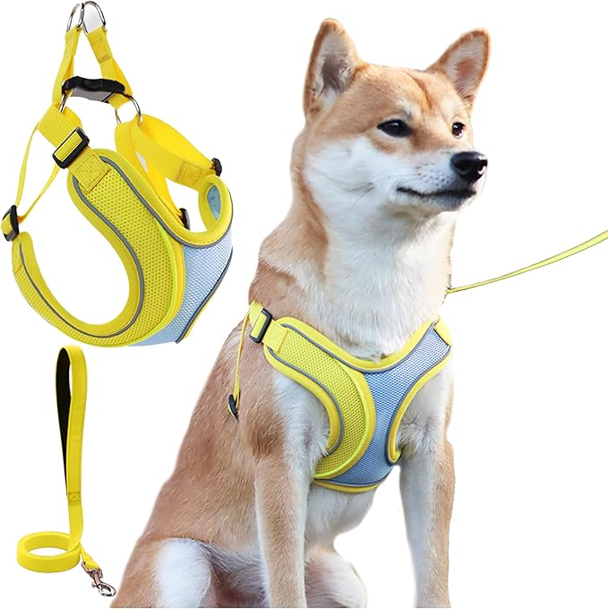 No Pull Dog Harness with Leash Set All Weather Soft Padded Mesh Reflective X Shape Adjustable Step in Vest Harness for Small and Medium Dogs Big Cat S Yellow