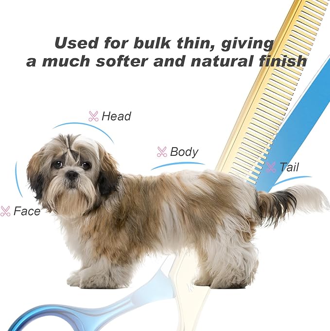 Dog Cat Scissors for Grooming, Pet Shears for Thick Coats and Matted Hair, Thinner Curved Straight Chunker Stainless Steel Shears