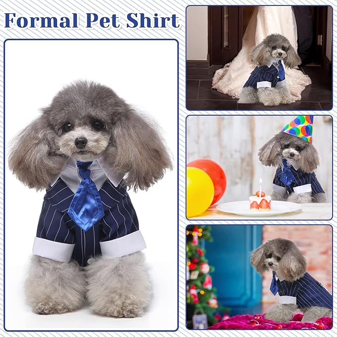 DENTRUN Navy Blue Dog Tuxedo - Formal Pinstripe Pet Suit Shirt with Satin Tie, Elegant Wedding Outfit Birthday Party Attire for Maltese Dachshund Corgi Beagle Medium Large Dogs (Polyester), L